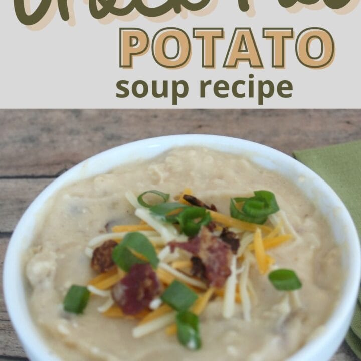 potato soup in a white bowl topped with bacon, cheese, and chives with text overlay.
