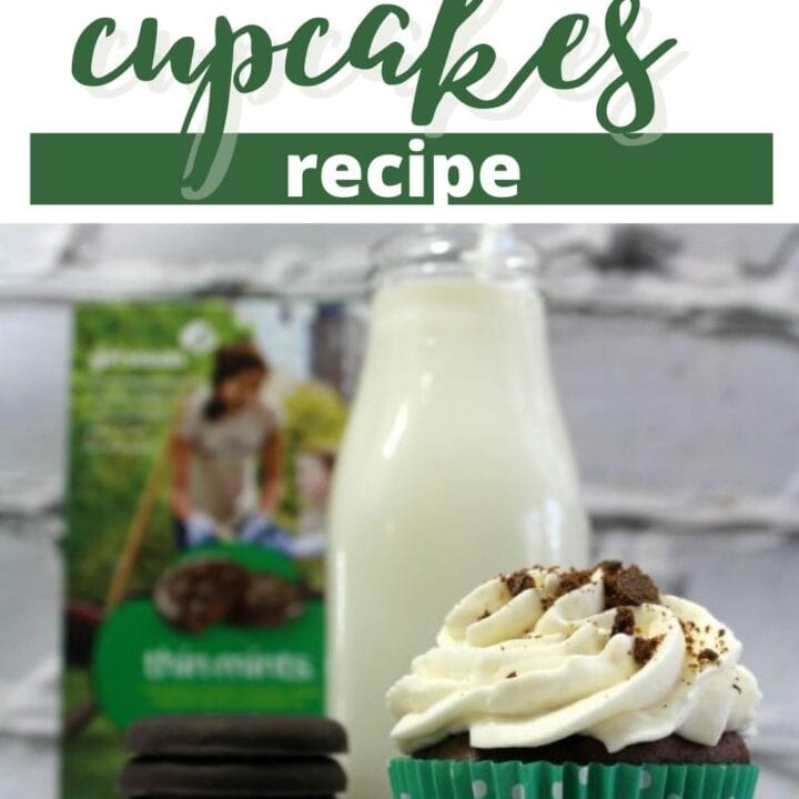 cupcakes made from scratch with Thin Mint cookies with a pile of cookies, a glass bottle of milk, and a box of Thin Mints