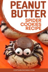 peanut butter cookie with a Reese's peanut butter cup, candy eyes and frosting legs to look like a spider with text overlay.