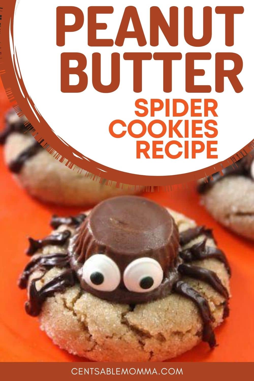 peanut butter cookie with a Reese's peanut butter cup, candy eyes and frosting legs to look like a spider with text overlay.