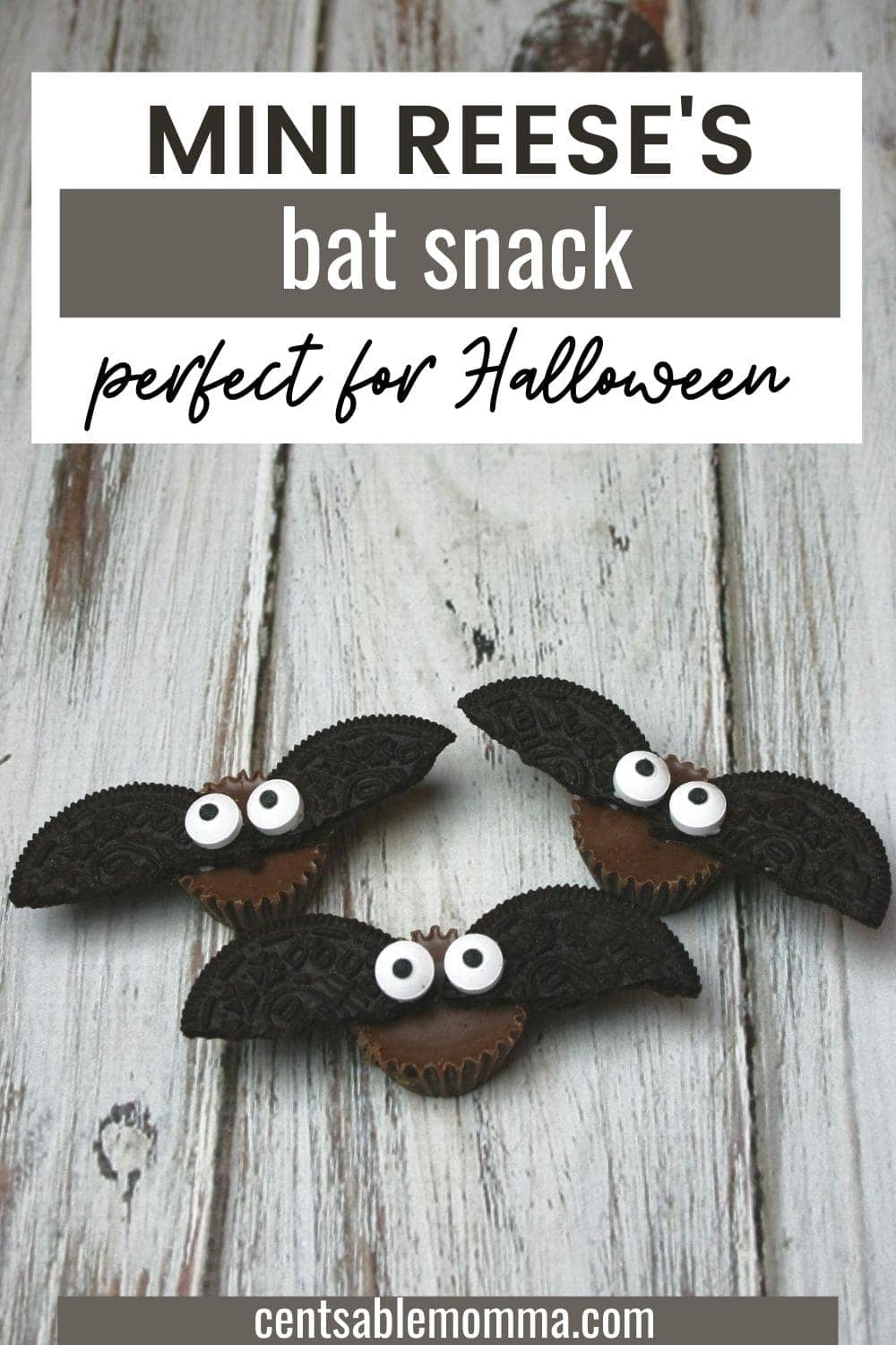 Mini Reese's Bat Snack made with Reese's, Oreos, and candy eyes.