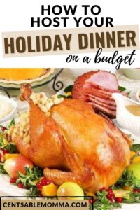 holiday dinner on the table with a cooked turkey, ham, and pie