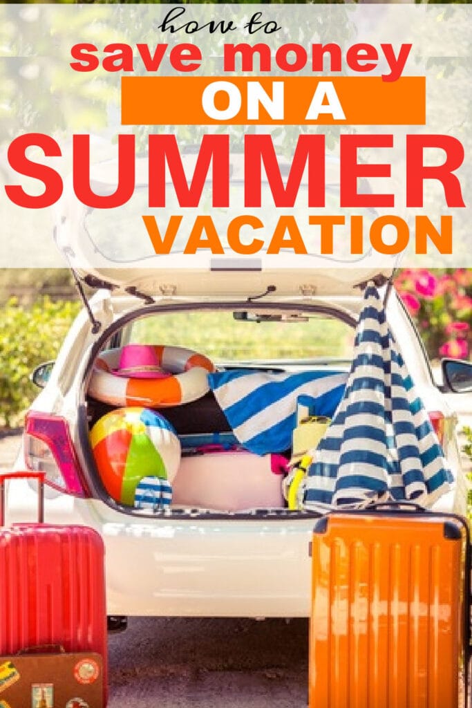 open hatchback to a car full of family summer vacation items like beach towels, umbrellas, inflatable toys, and luggage (with text overlay).