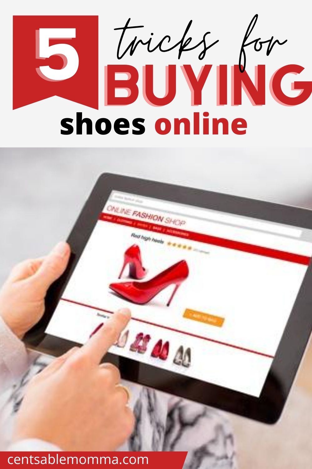shopping for red high heels online with a tablet