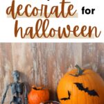 Halloween decorations with text overlay.