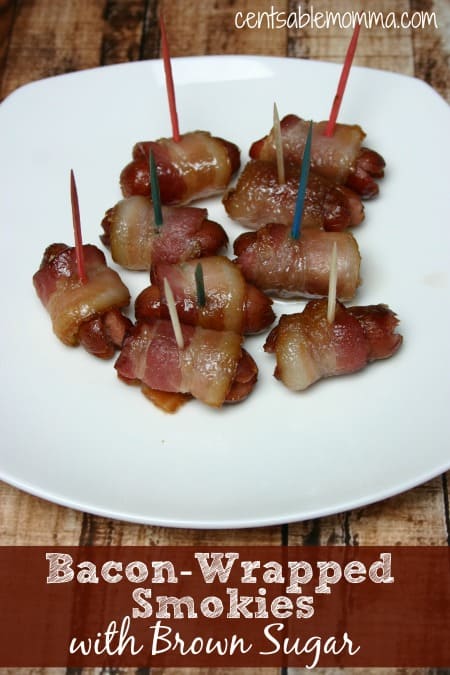 If you're looking for a fun snack for a Game Day party or an appetizer for a holiday party, these Bacon-Wrapped Smokies are perfect! They have both a hint of sweet and a hint of salty...and who doesn't love bacon!