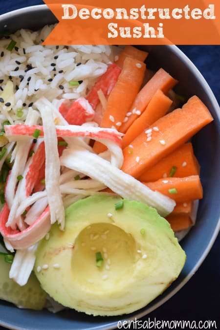 Make your own sushi with this Deconstructed Sushi recipe. It's sushi in a bowl with crab sticks, rice, and all the usual sushi extras.