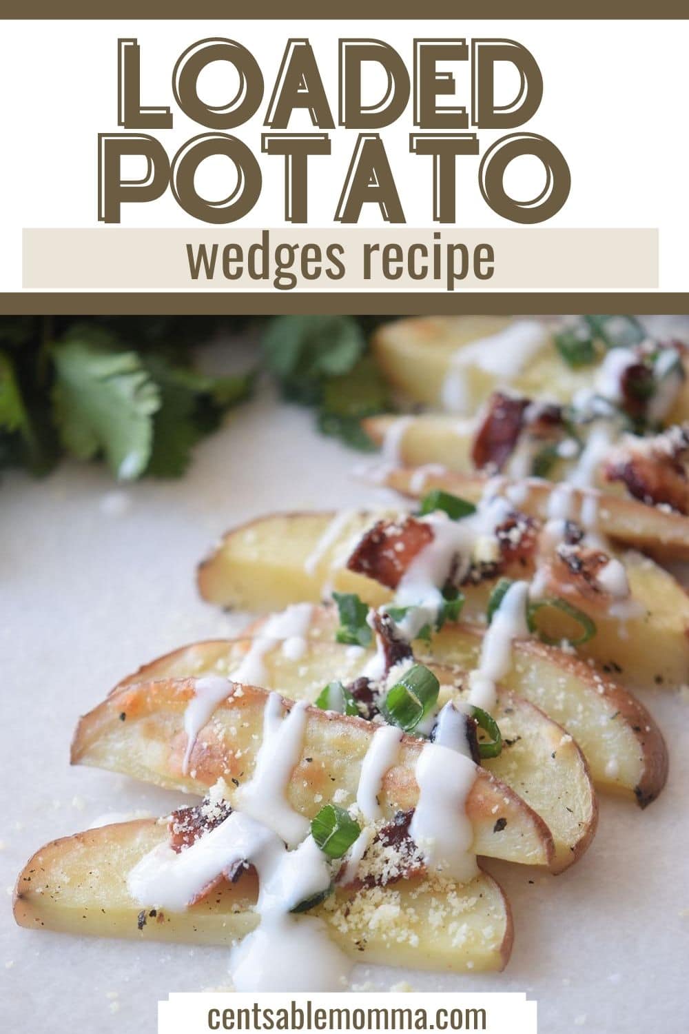 loaded potato wedges with sour cream drizzled on top