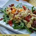 This summer amp up your salad with this BLT Orzo Salad, which combines the fresh greens of arugula with bacon, grape tomatoes, and pasta.  It's topped with a balsamic vinaigrette for additional taste.