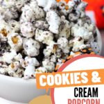 cookies and cream popcorn in a white bowl