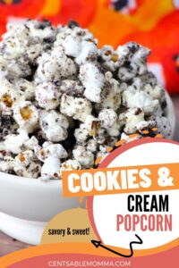 cookies and cream popcorn in a white bowl