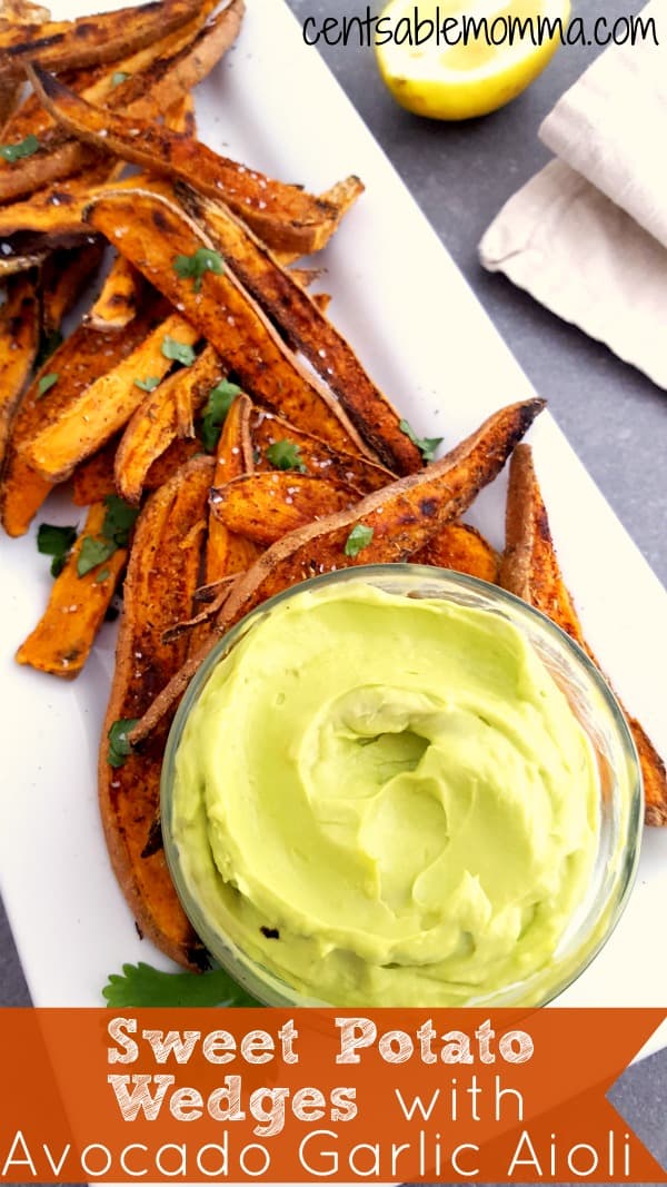 Create a healthy side dish with dinner (or an appetizer or game day snack) with this Sweet Potato Wedges recipe. It includes a variety of spices (like garlic powder, cayenne pepper, chili powder, and thyme) and goes great with the avocado garlic aioli (recipe included).