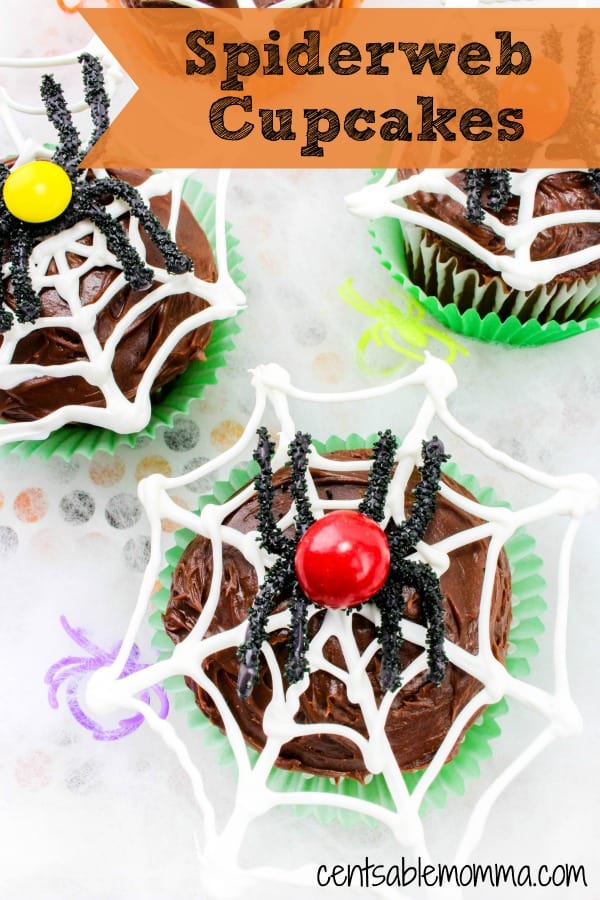 chocolate cupcakes with chocolate spiderweb and spider on top with text overlay.