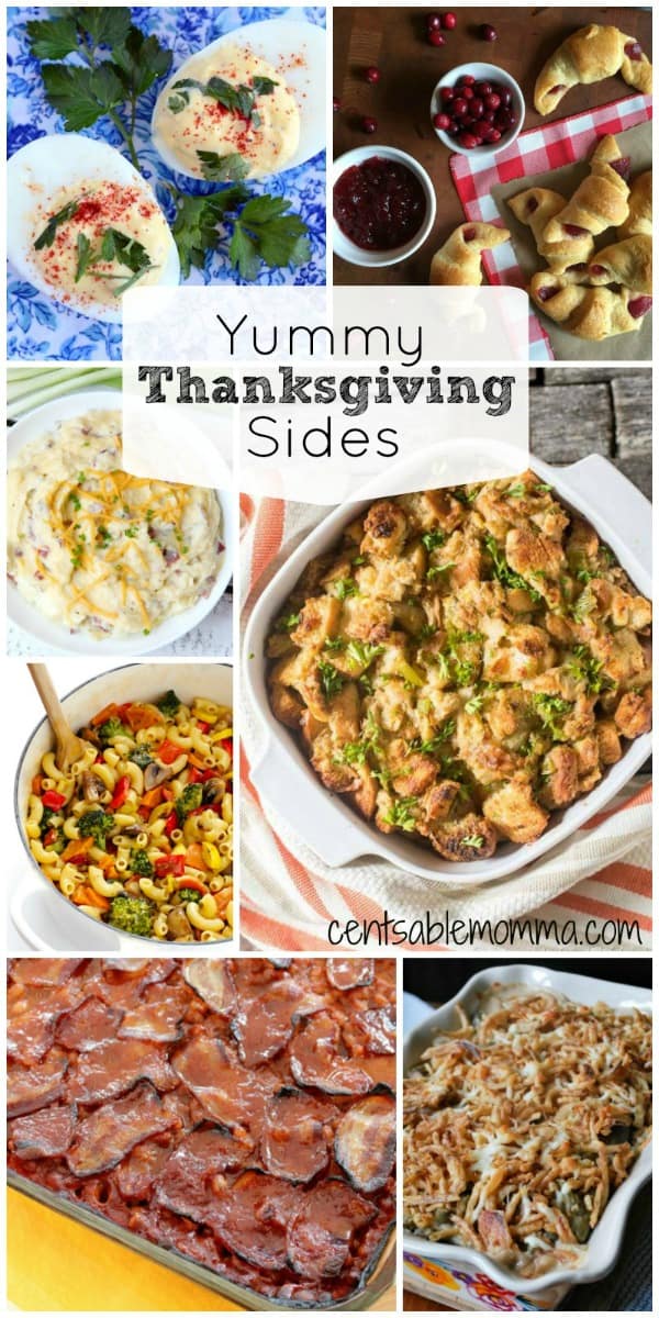 collage of yummy Thanksgiving side dishes with text overlay.