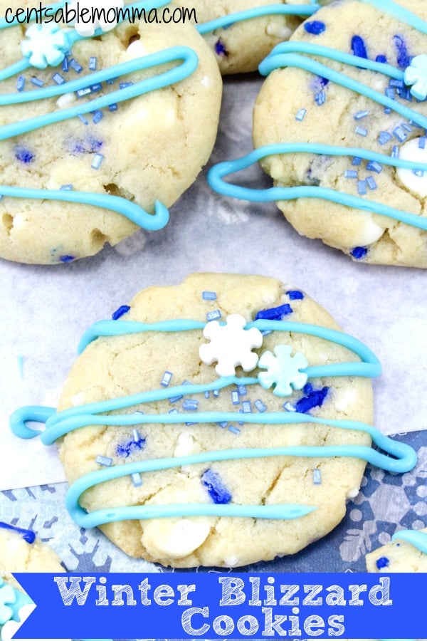 Easily create these fun Winter Blizzard Cookies with snowflake sprinkles, blue Jimmies, and blue sugar sprinkles for a yummy treat to help you pass the cold days of winter. They're perfect for a Christmas cookie exchange or a holiday party and the colors can be adjusted for additional holidays.