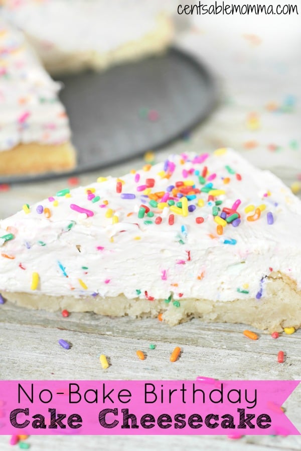 Easily make this fun No Bake Birthday Cake Cheesecake dessert recipe with a sugar cookie crust and no-bake cheesecake filling.  Add birthday sprinkles for even more dazzle!