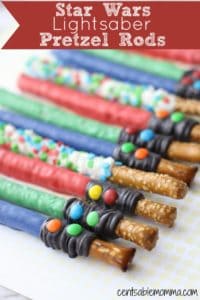Star Wars lightsaber pretzel rods lined up in a row with text overlay.