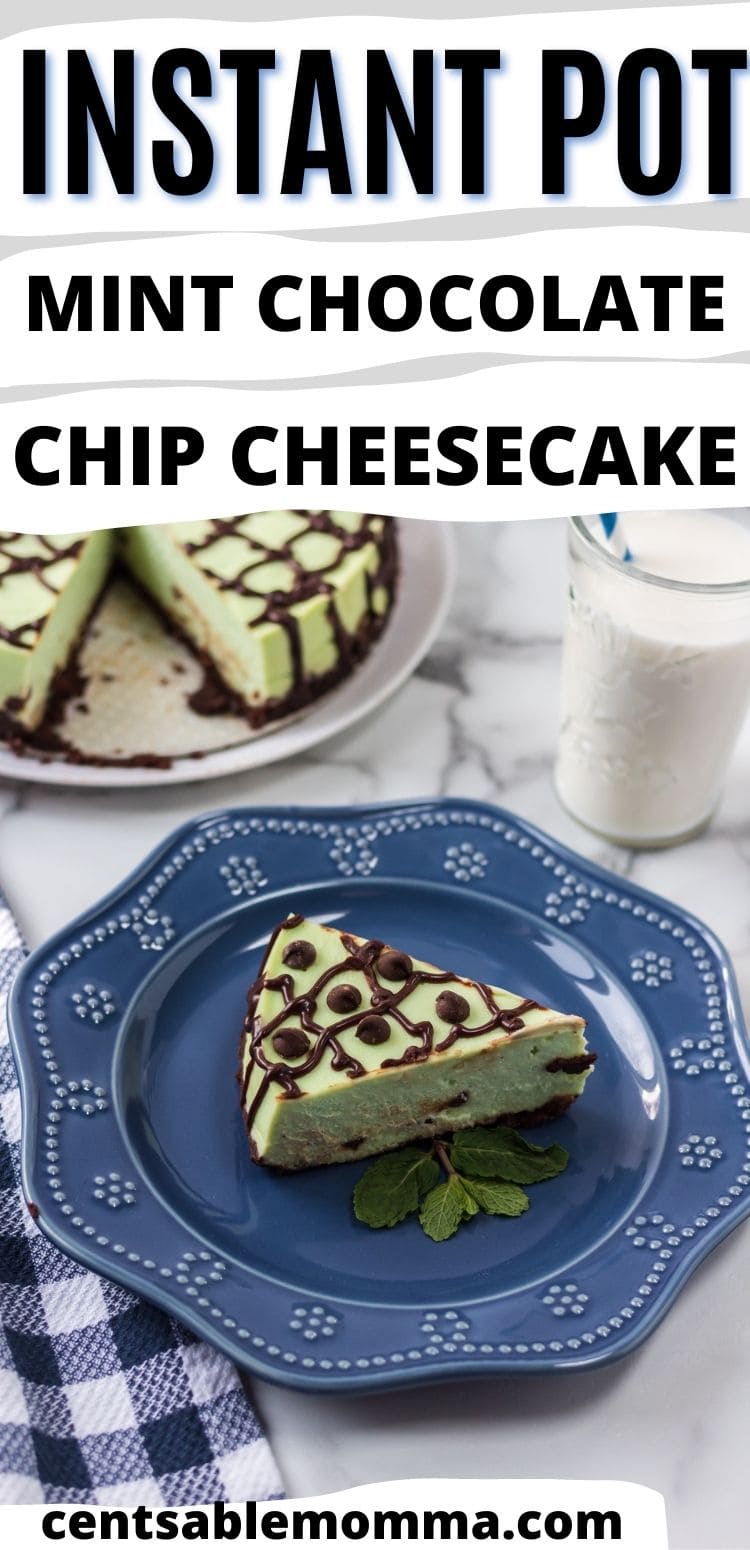 mint chocolate chip cheesecake on a blue plate.