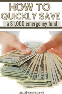 hands holding a fanned out stack of $20 bills with an overlay that says, "How to Quickly Save a $1,000 Emergency Fund."