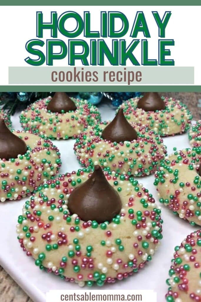cookies with green, red, and white pearl sprinkles on them and a Hershey Kiss on top with text overlay.